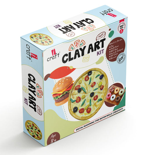 Kids Clay Art Kit for Food Creations - DIY Pizza, Burger & Donut Sculpting Set with Paints, Canvas & Stand - Creative Craft Activity for Ages 6+