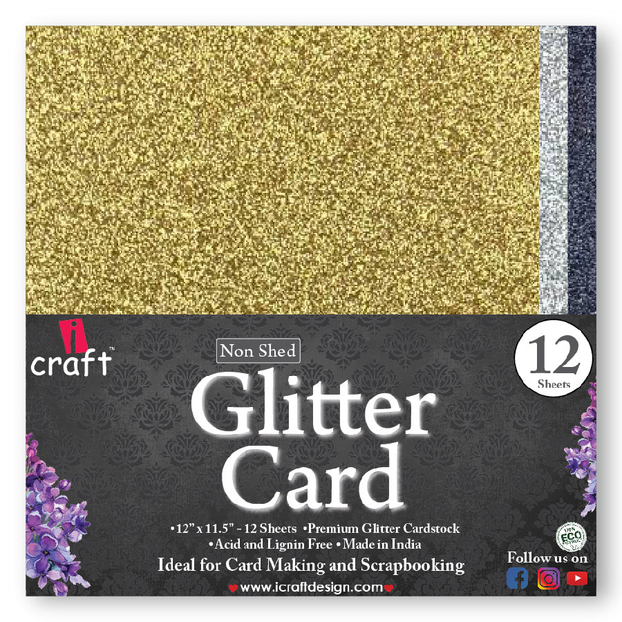 iCraft Non-Shed Glitter Card-Stocks For Scrapbooking 12" x 12" 250GSM (Pack Of 12 Sheets) - Assorted