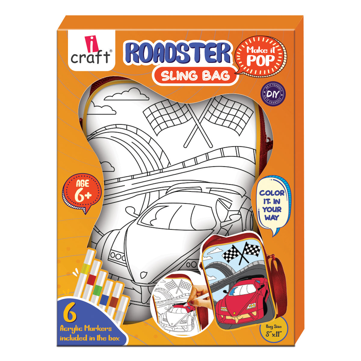 Colour Your Own Sling Bag – Roadster Car DIY Colouring Kit with 6 Acrylic Markers