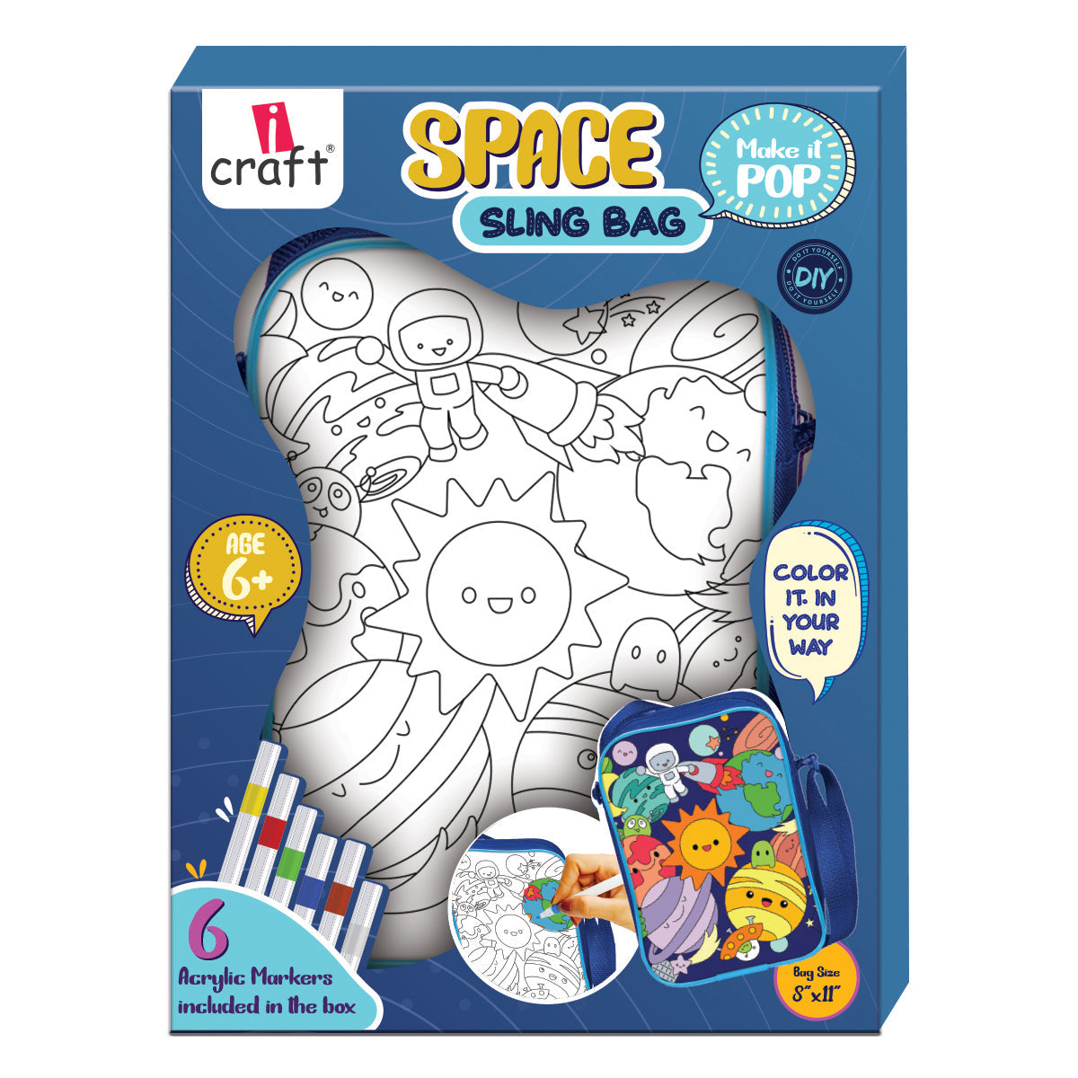 Colour Your Own Sling Bag – Space DIY Colouring Kit with 6 Acrylic Markers