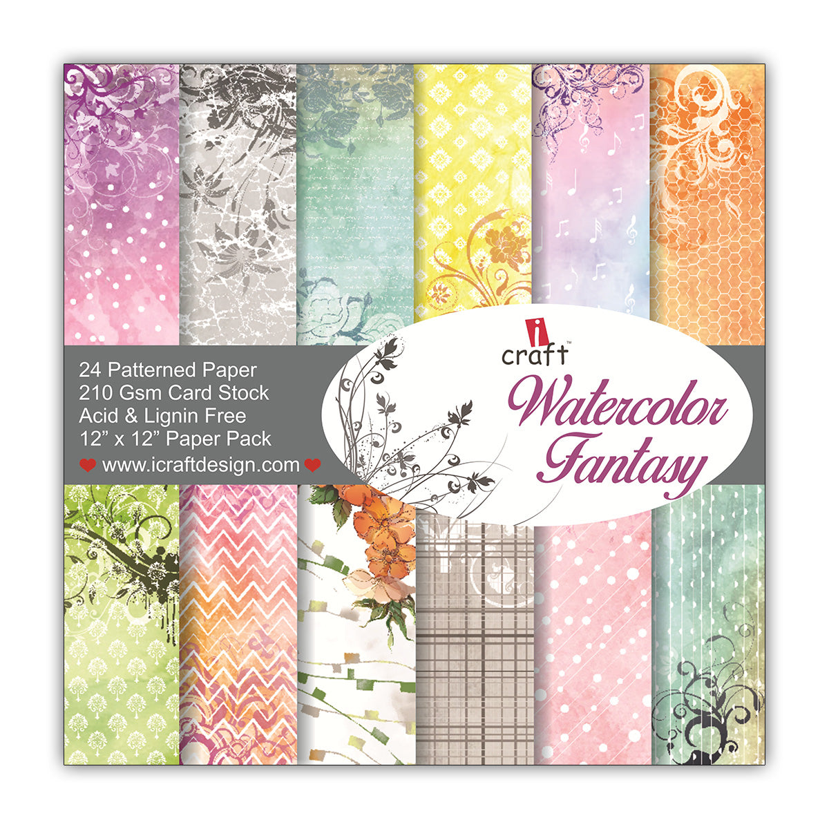 Water Colour Fantasy 12" x 12" Patterned Papers (Pack of 24 Sheets)