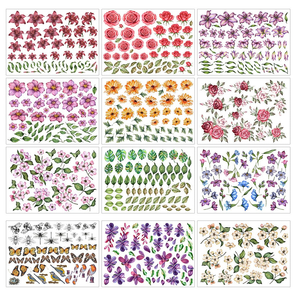 Botanical Blooms Scrapbooking Elements – 24 Pre-Cut Floral Craft Sheets, 5x7"