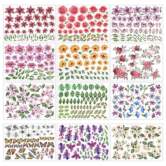 Botanical Blooms Scrapbooking Elements – 24 Pre-Cut Floral Craft Sheets, 5x7"