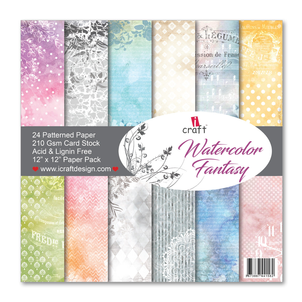 Water Colour Fantasy 6" x 6" Patterned Papers (Pack of 24 Sheets)