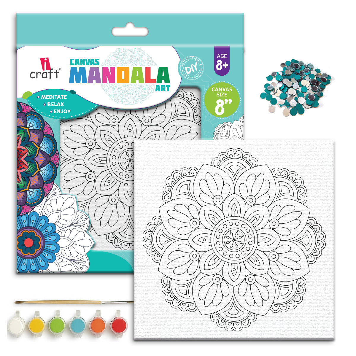 Mandala Canvas Art Kit – 8" Paint Your Own Mandala Craft Kit for Kids & Adults