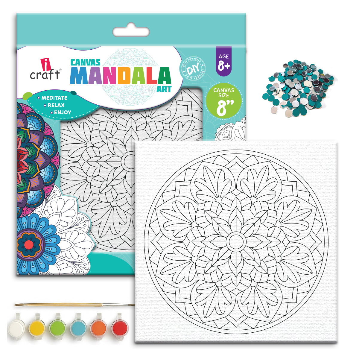 Mandala Canvas Art Kit – 8" Paint Your Own Mandala Craft Kit for Kids & Adults