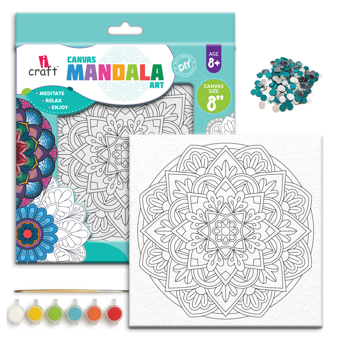 Mandala Canvas Art Kit – 8" Paint Your Own Mandala Craft Kit for Kids & Adults