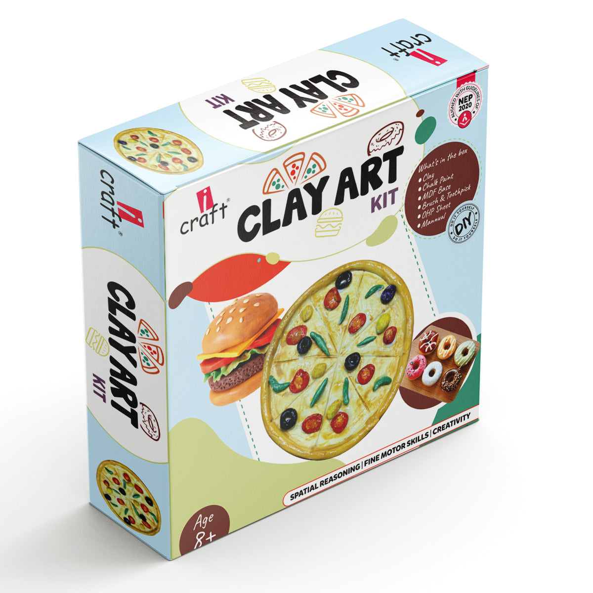 Kids Clay Art Kit for Food Creations - DIY Pizza, Burger & Donut Sculpting Set with Paints, Canvas & Stand - Creative Craft Activity for Ages 6+