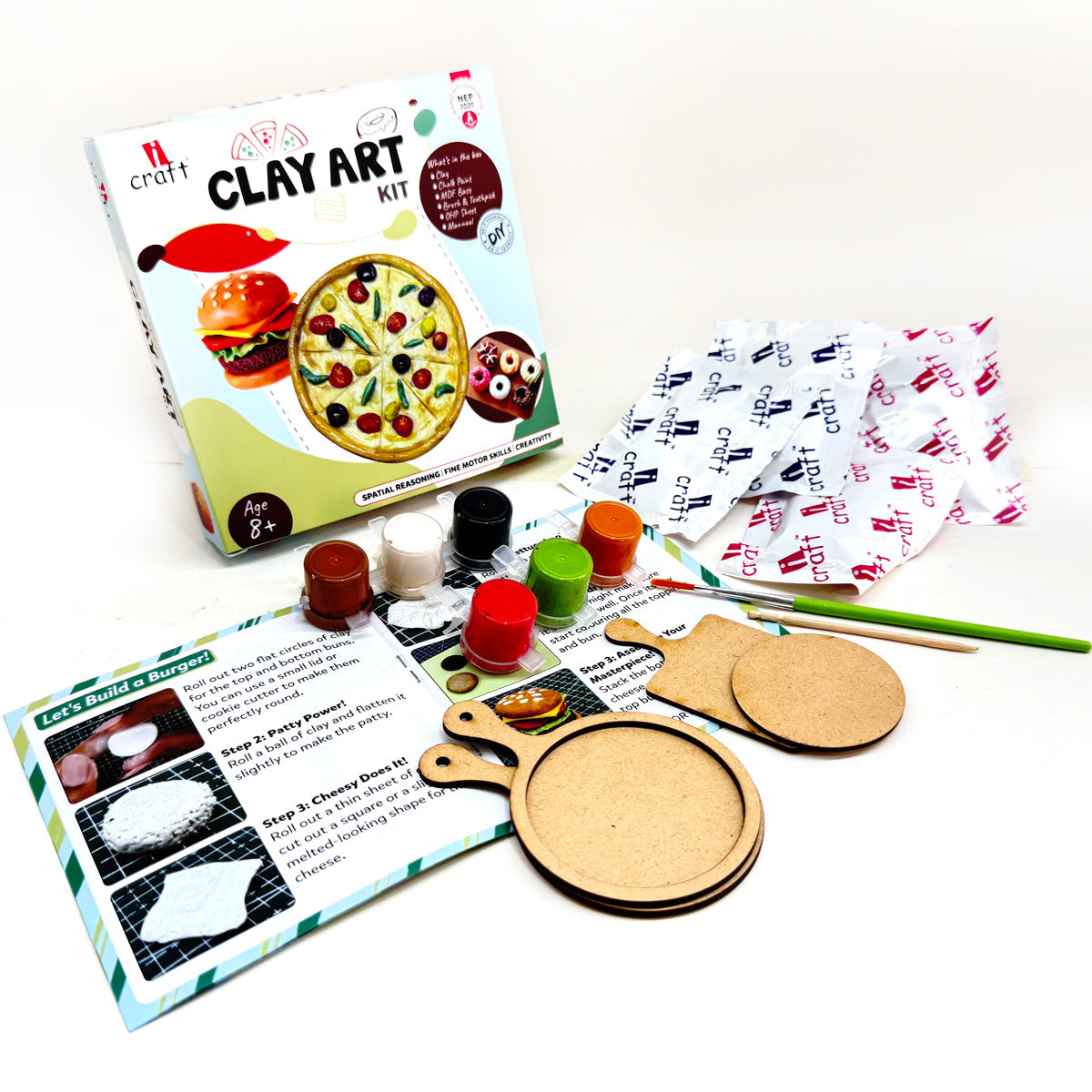 Kids Clay Art Kit for Food Creations - DIY Pizza, Burger & Donut Sculpting Set with Paints, Canvas & Stand - Creative Craft Activity for Ages 6+