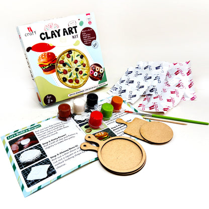 Kids Clay Art Kit for Food Creations - DIY Pizza, Burger & Donut Sculpting Set with Paints, Canvas & Stand - Creative Craft Activity for Ages 6+