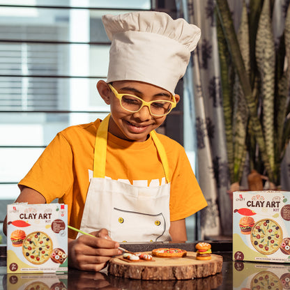Kids Clay Art Kit for Food Creations - DIY Pizza, Burger & Donut Sculpting Set with Paints, Canvas & Stand - Creative Craft Activity for Ages 6+