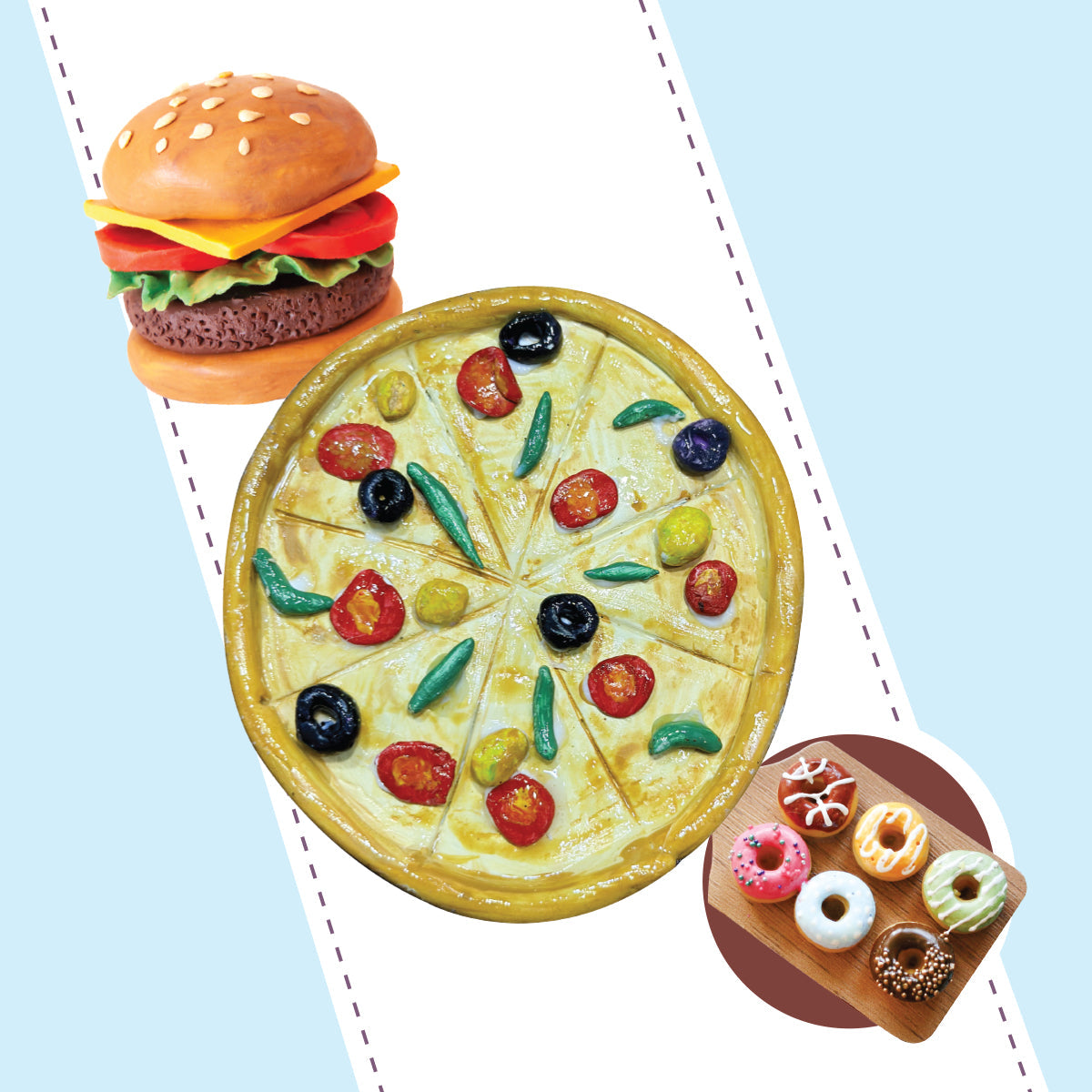 Kids Clay Art Kit for Food Creations - DIY Pizza, Burger & Donut Sculpting Set with Paints, Canvas & Stand - Creative Craft Activity for Ages 6+