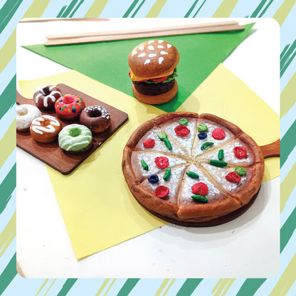 Kids Clay Art Kit for Food Creations - DIY Pizza, Burger & Donut Sculpting Set with Paints, Canvas & Stand - Creative Craft Activity for Ages 6+