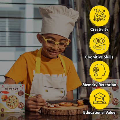 Kids Clay Art Kit for Food Creations - DIY Pizza, Burger & Donut Sculpting Set with Paints, Canvas & Stand - Creative Craft Activity for Ages 6+