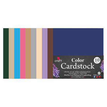 iCraft Colour Card-Stocks For Scrapbooking 12" x 12" 250GSM (Pack Of 10 Sheets) - Assorted
