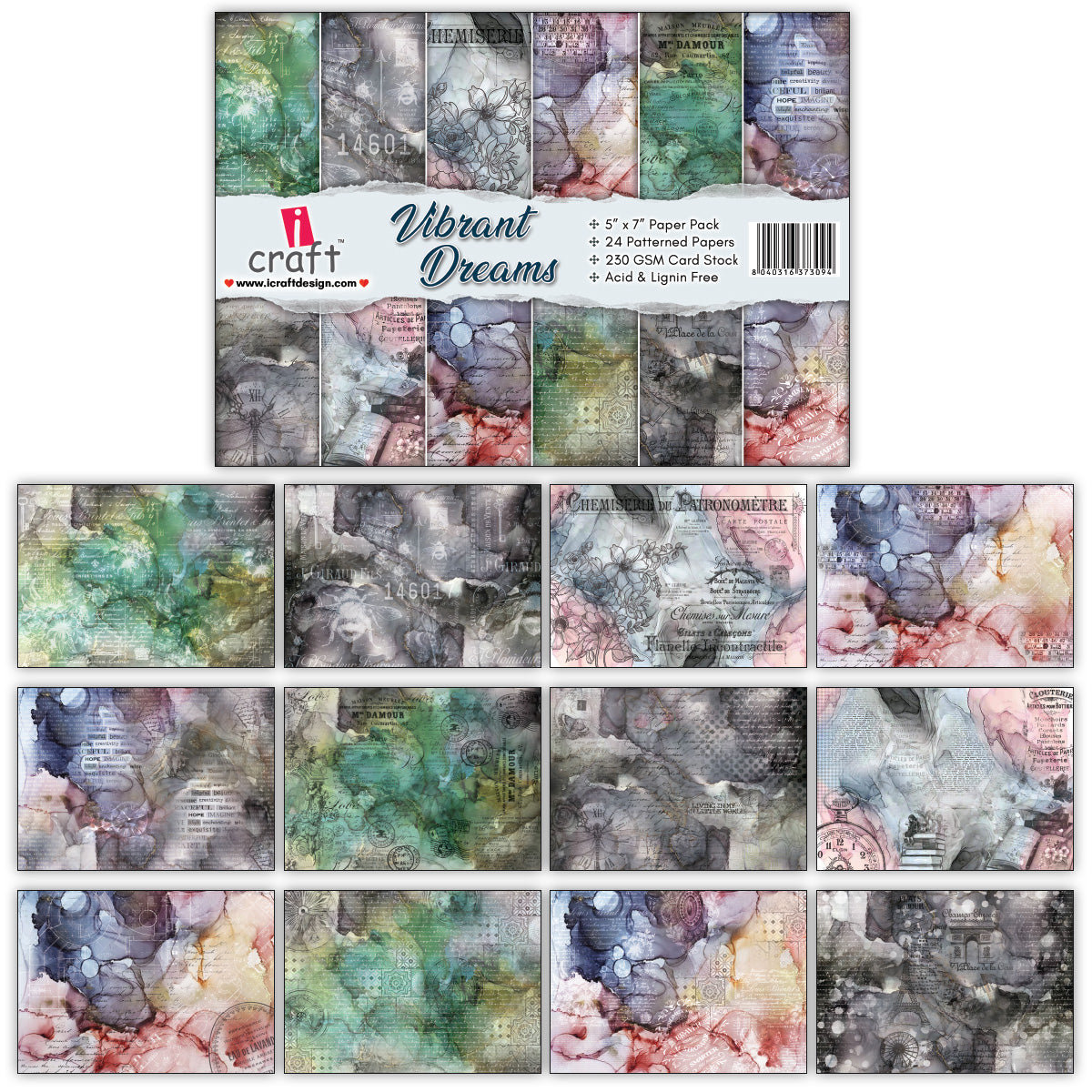 iCraft Vibrant Dreams Patterned Cardstock - 24 pattern sheets (5” x 7”)