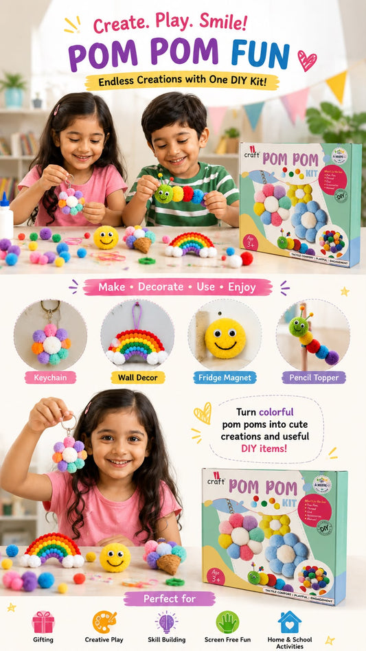Pom Pom Craft Kit for Kids – DIY Flower & Keychain Making Set | iCraft