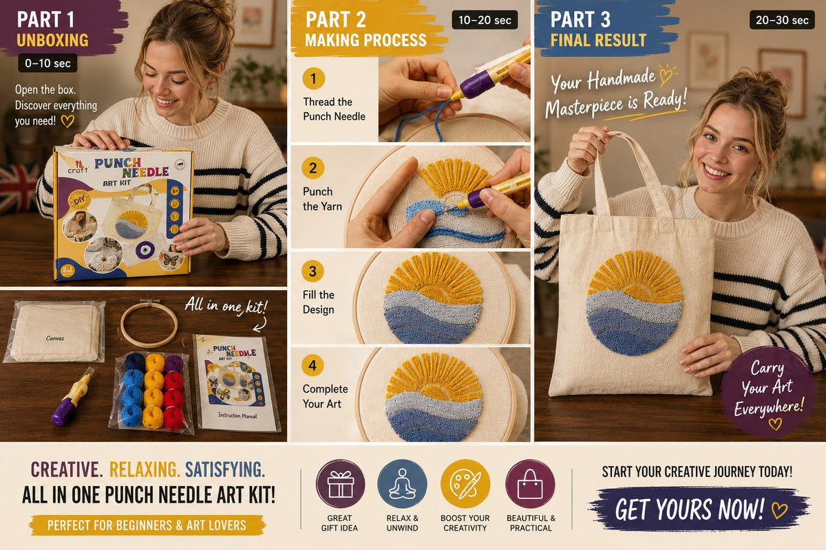 Punch Needle Tote Bag Kit – Beginner Embroidery Craft Kit with Printed Canvas Bag