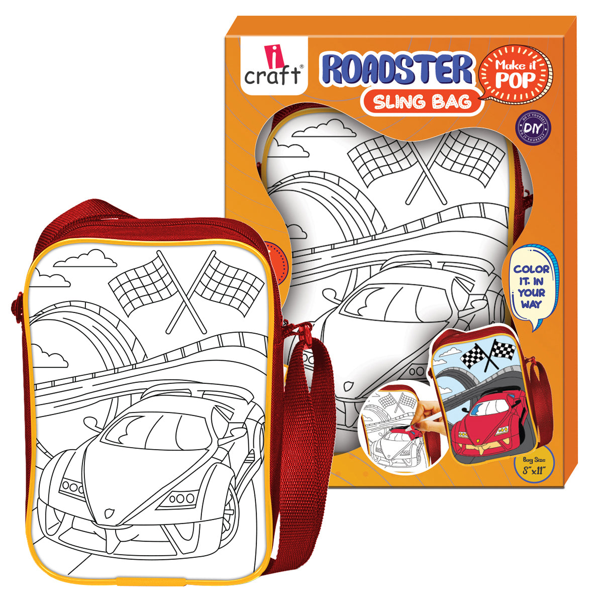 Colour Your Own Sling Bag – Roadster Car DIY Colouring Kit with 6 Acrylic Markers