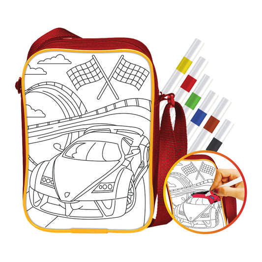 Colour Your Own Sling Bag – Roadster Car DIY Colouring Kit with 6 Acrylic Markers