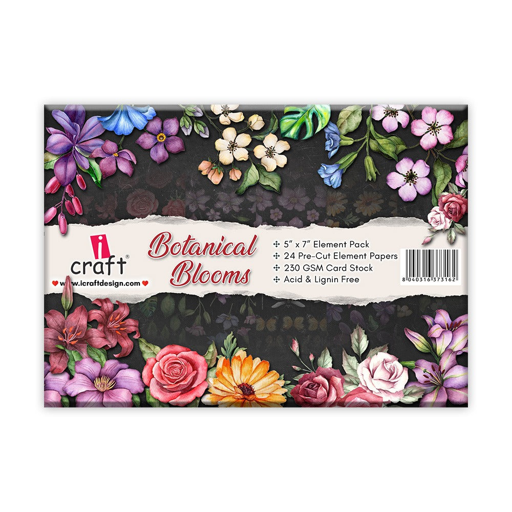 Botanical Blooms Scrapbooking Elements – 24 Pre-Cut Floral Craft Sheets, 5x7"