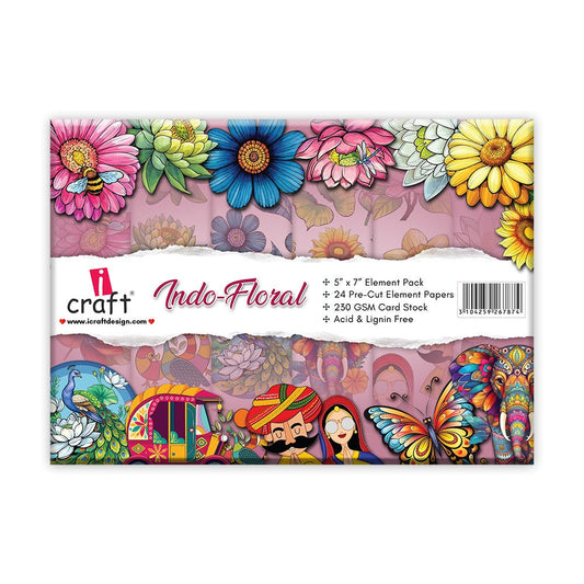 iCraft Indo Floral Scrapbooking Elements – 24 Pre-Cut Indian-Themed Craft Sheets, 5x7"