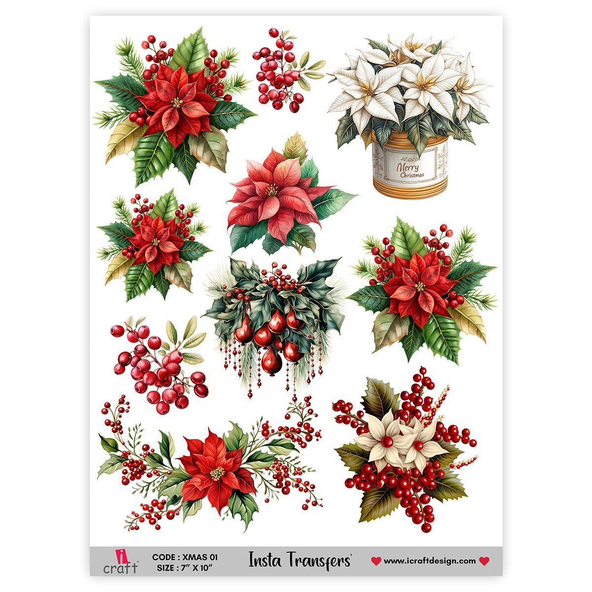 Water Insta Transfers - Christmas Floral & Berries Size 7" x 10" | Code: XMAS 01