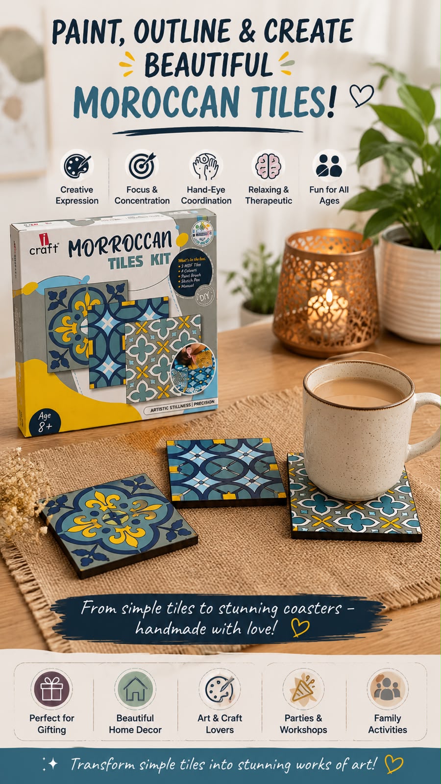 Moroccan Tiles DIY Painting Kit – Wooden Tile Art Craft Set | iCraft